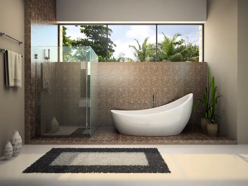Bathroom with modern interior brown colors sloped bath tub