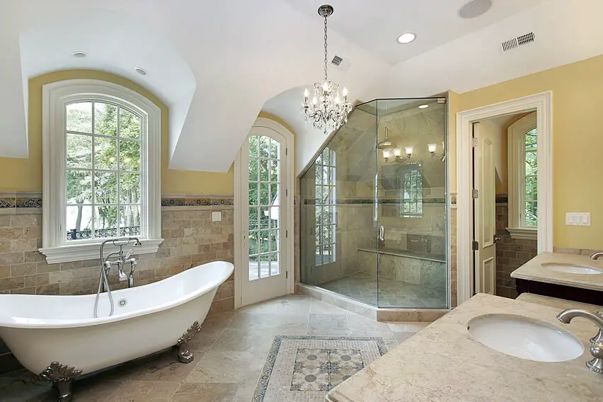 Beautiful luxury bath glass shower chandelier dual sinks