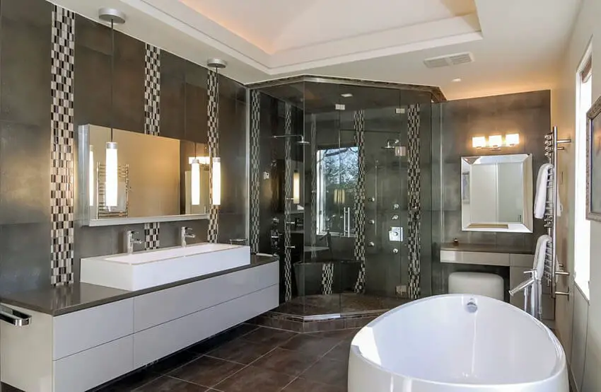 Black and white modern master bathroom with porcelain tile flooring and large soaking tub