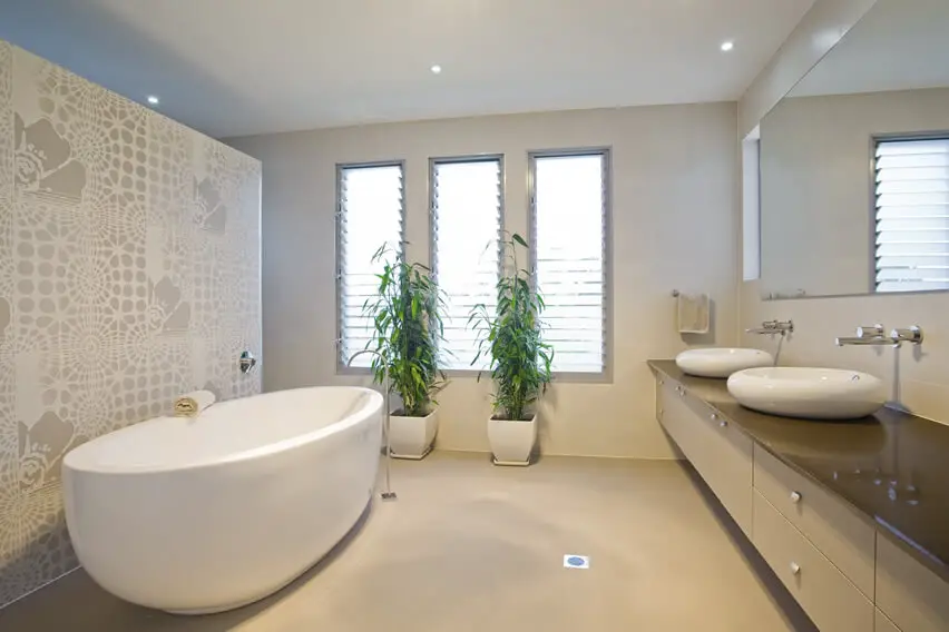 Bright master bath dual sinks minimal design