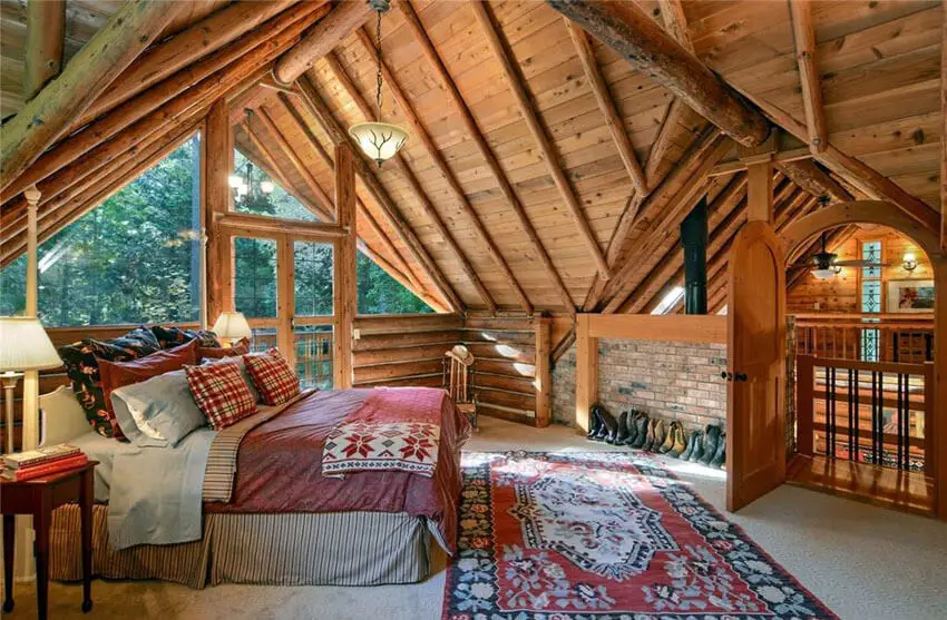 Cabin Loft Bedroom with Vaulted Wood Ceiling