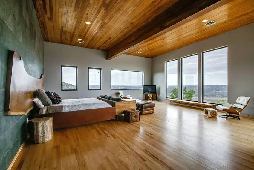 Contemporary Master Bedroom with Oak Wood Floors and Ceiling