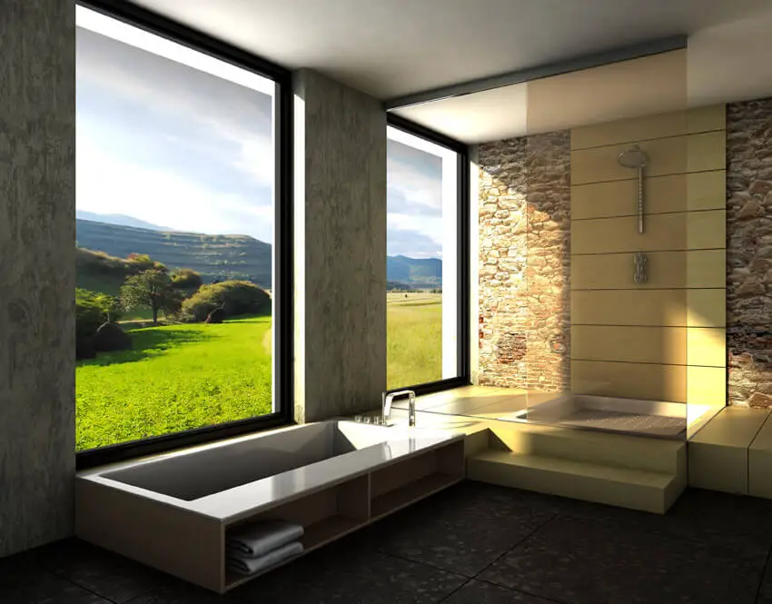 impressive view from bathroom through picture windows