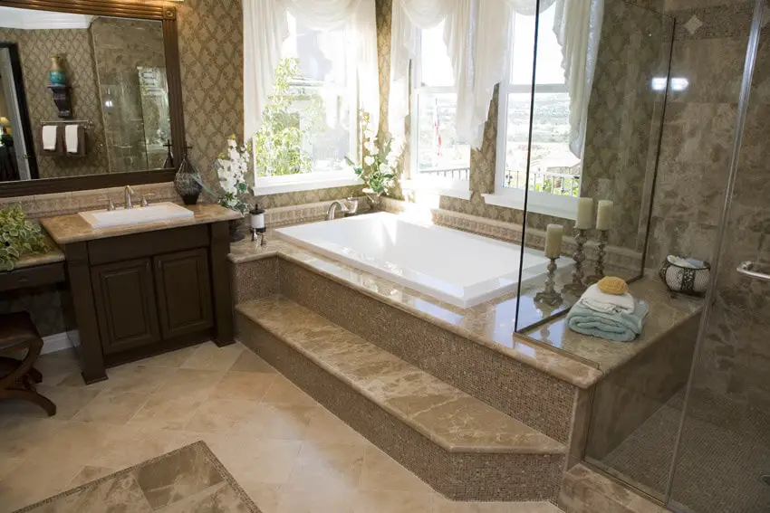 luxury bathroom with white curtains