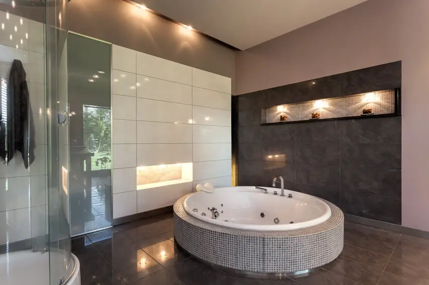 Luxury round bath glass shower large tiles
