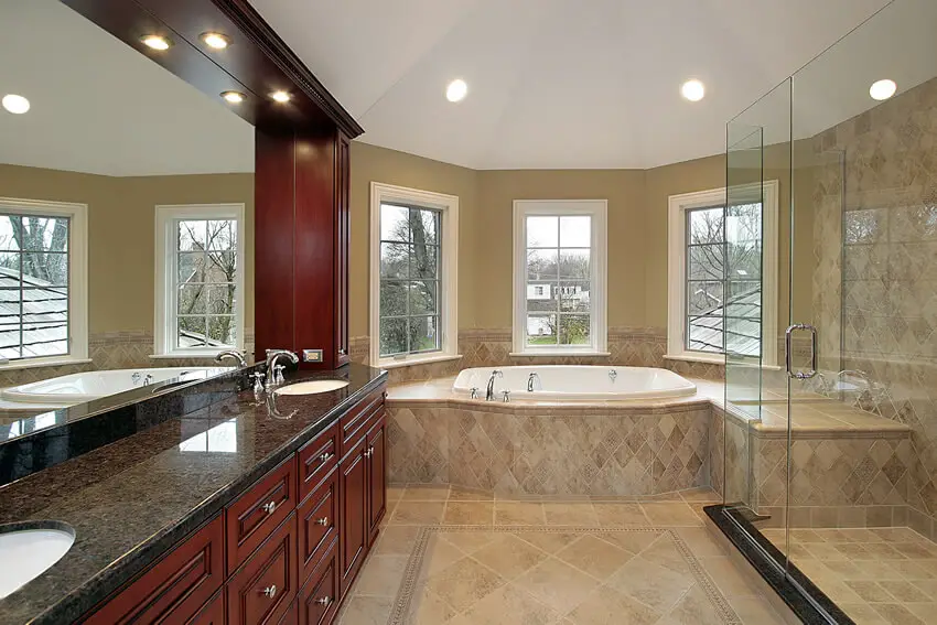 Master bathroom large shower tub granite counter tops