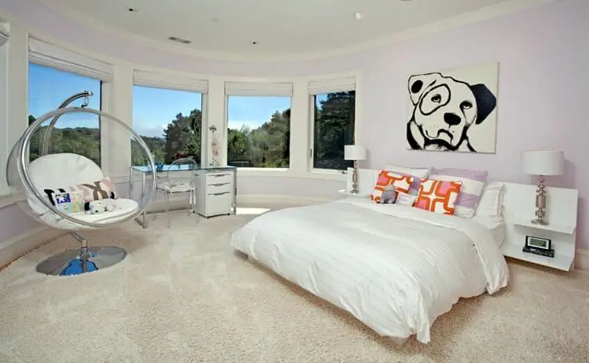 Modern Master Bedroom with Pink Painted Walls and Floor Mount Swing Chair