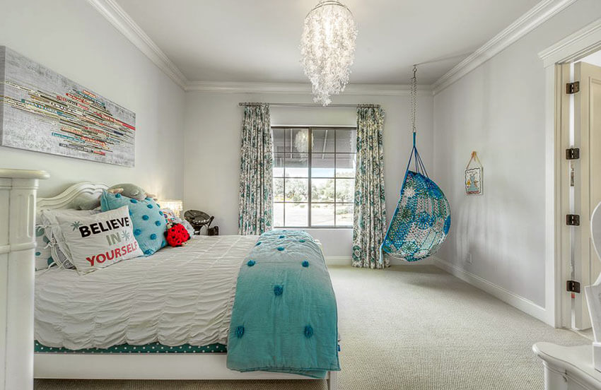 Pretty Girls Bedroom with Aqua Color Hanging Chair and Feather Chandelier