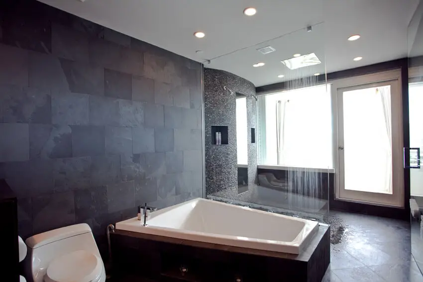 resort style bathroom with dark accent wall