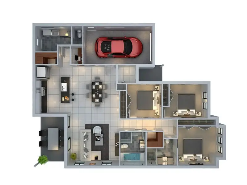 Apartment plan of three rooms and carport of a car