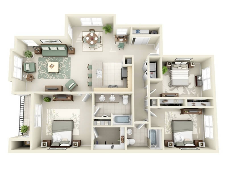 Apartment plan of three rooms with dining room and kitchen