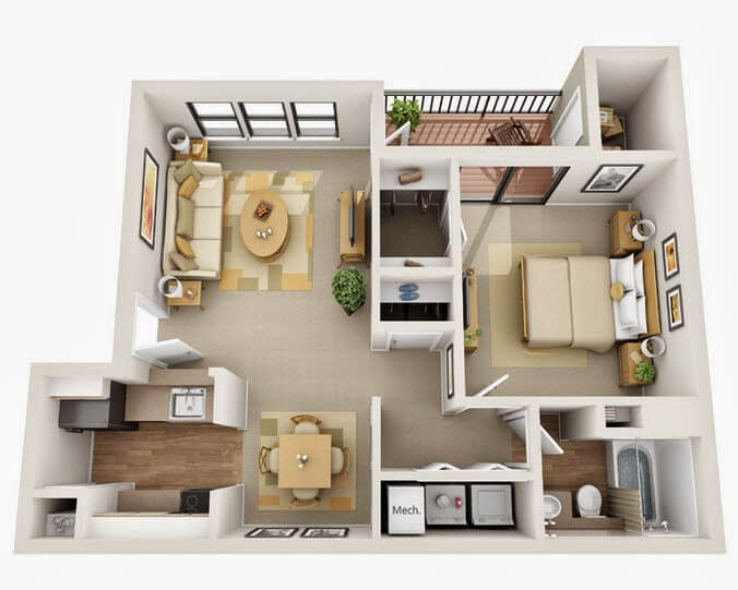 Apartment plan small bedroom with bathroom