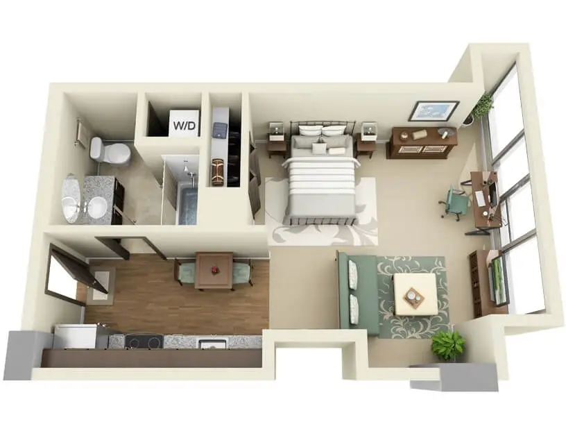 Apartment plan small one bedroom with walk in kitchen