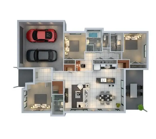 Apartment plan with parking for two cars and 3 rooms