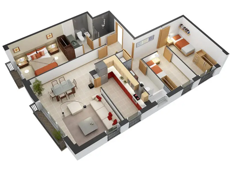 Apartment plans of 3 rooms kitchen bathroom