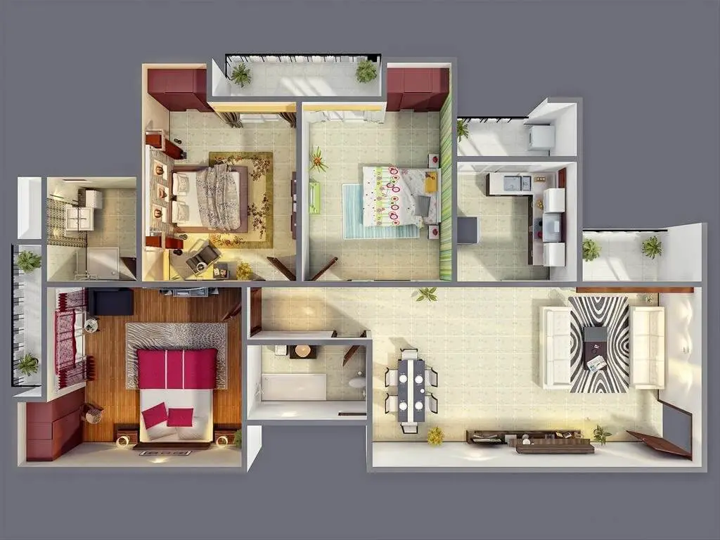 Floor plan of 3 rooms with interior decoration