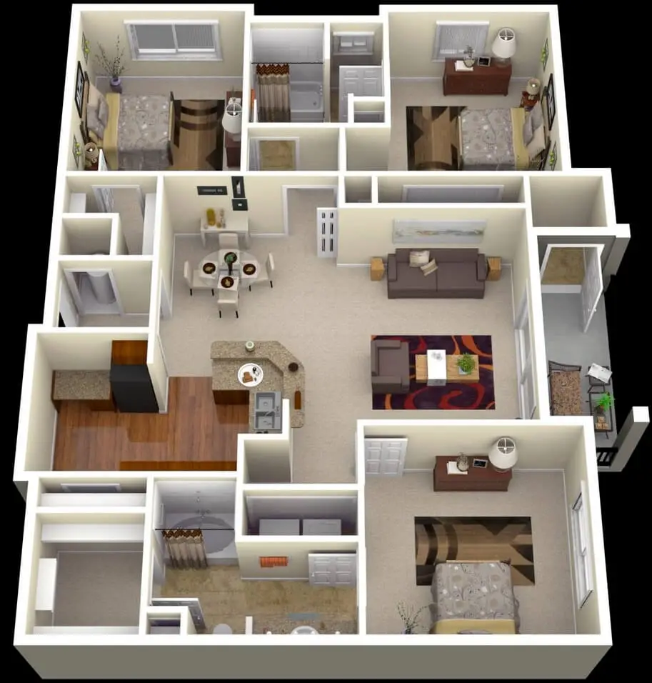 Large apartment plan of three rooms and large room