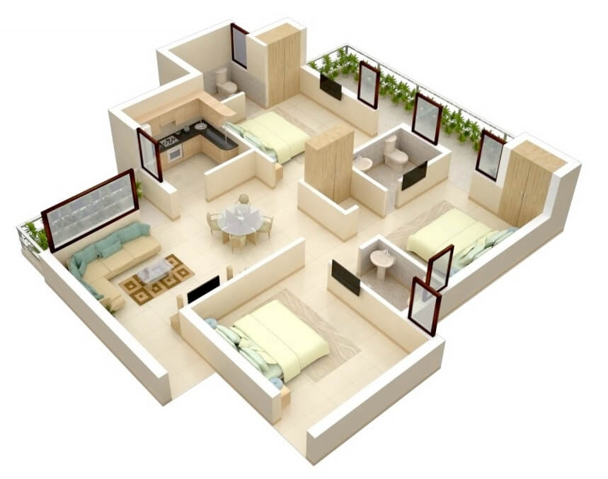 Simple apartment plan with 3 rooms