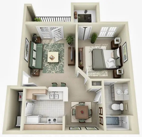 Small apartment in 3D plans, living room, kitchen, bathroom, 1 bedroom