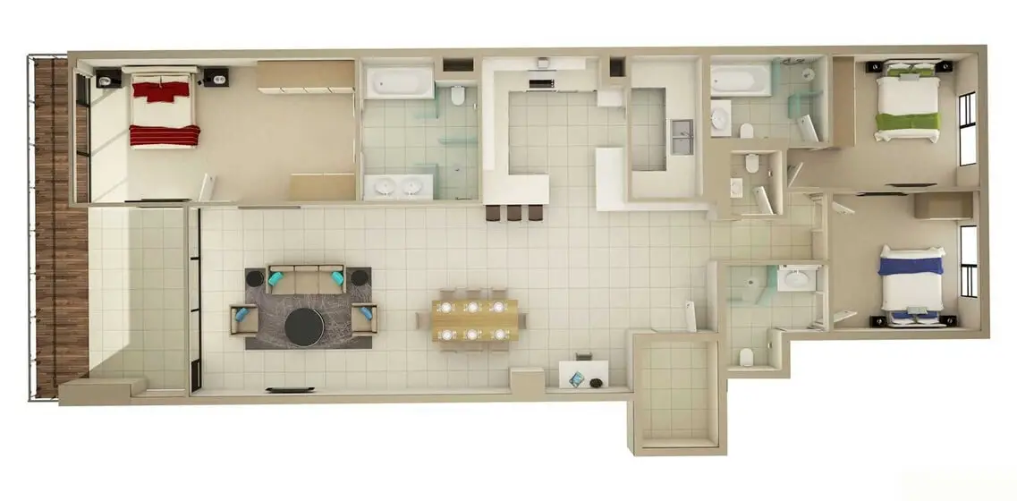 Three-room elongated apartment plans