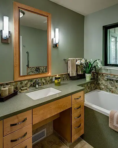 Bathroom design with green board and wood