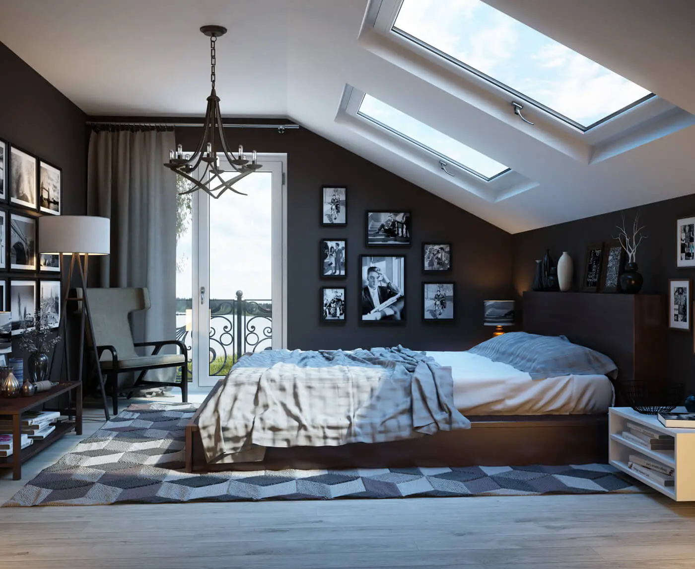 Bedroom decoration with sloping ceiling and horizontal windows