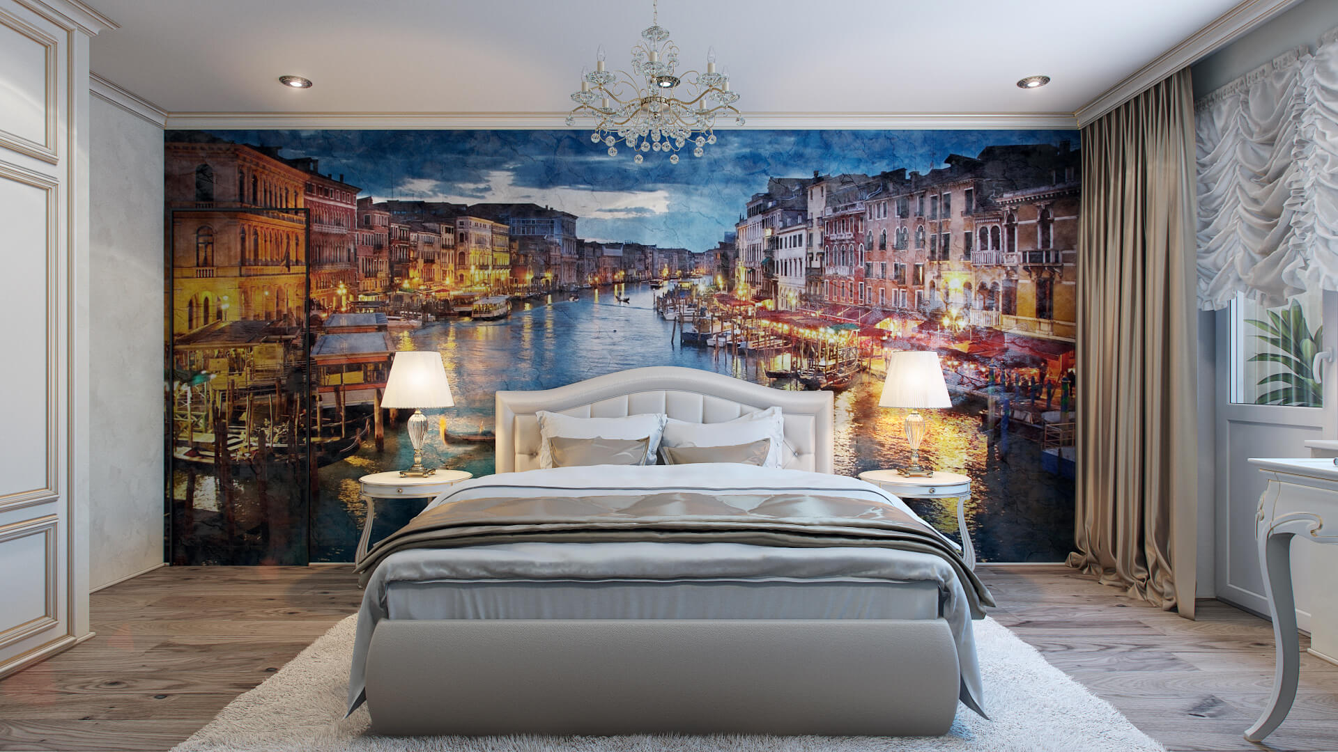 Bedroom design with large decorative painting on the wall