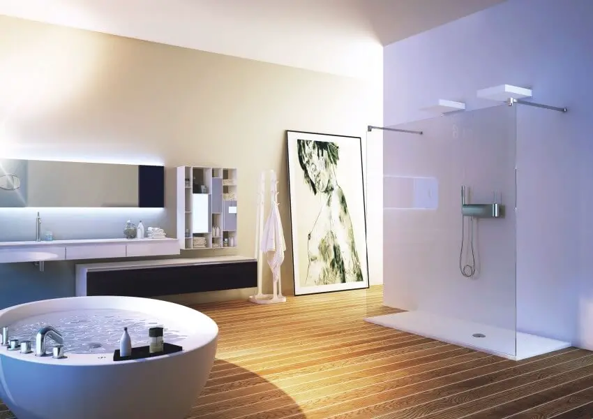 Modern and spacious bathroom decor with tub and shower