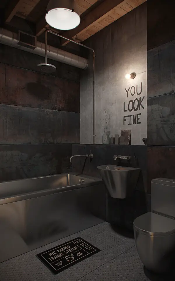 Original design of industrial style bathroom with steel toilets