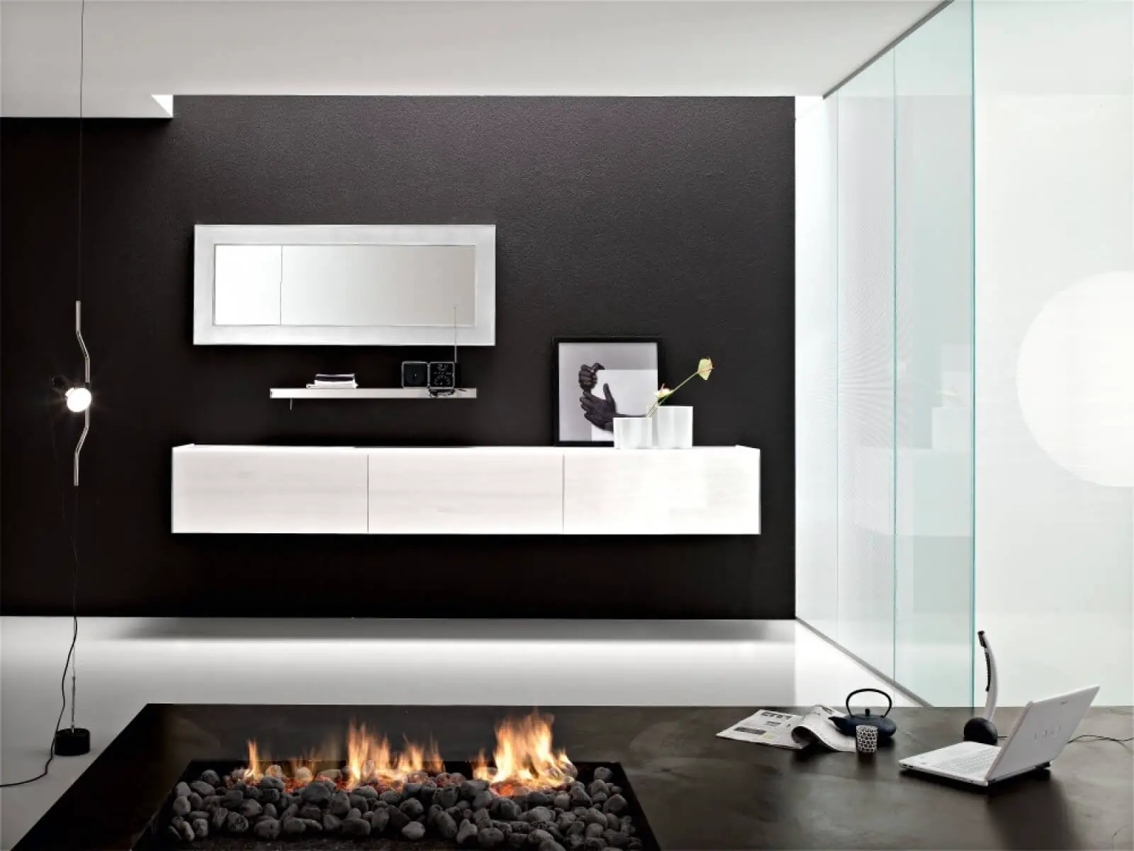 Bathroom with black hardwood furniture and a fireplace
