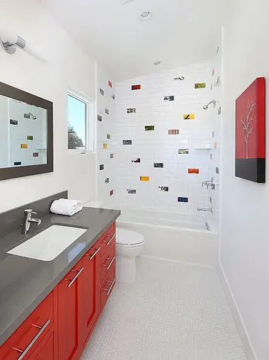 modern white, gray and red bathroom design