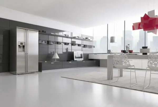 Bright gray and white kitchen design with a red lamp