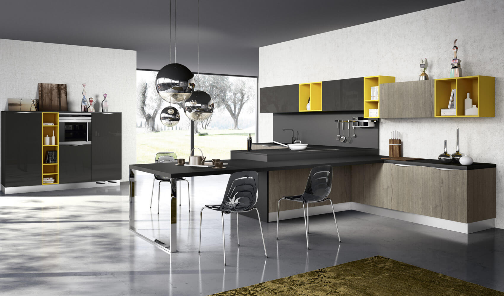 Contemporary kitchen with yellow and gray colors design