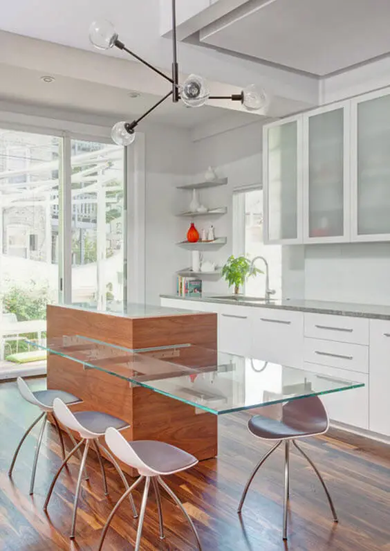 Kitchen design with glass island
