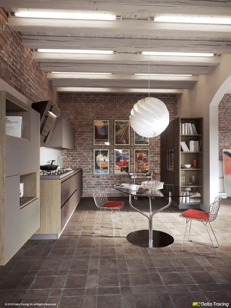 Kitchen with circular dining room lamp