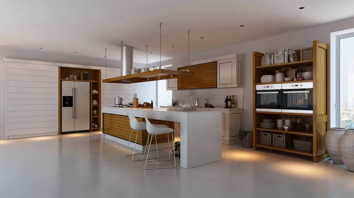Kitchen with white and wooden color contrast