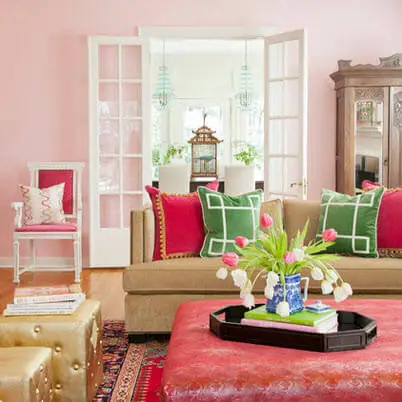 Living room with pink walls