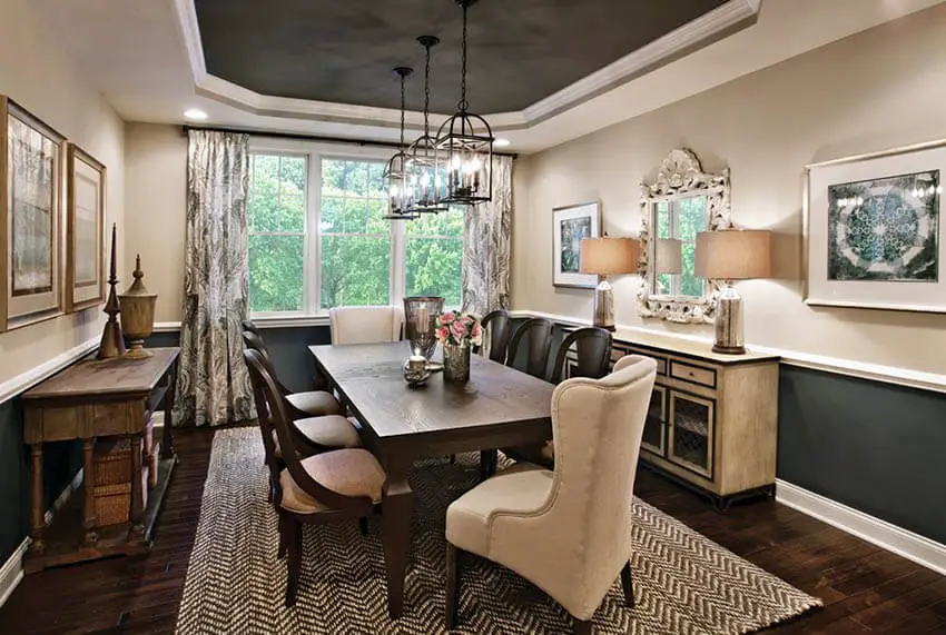 dining room with dark tray ceiling and craftsman style metal pendant lights