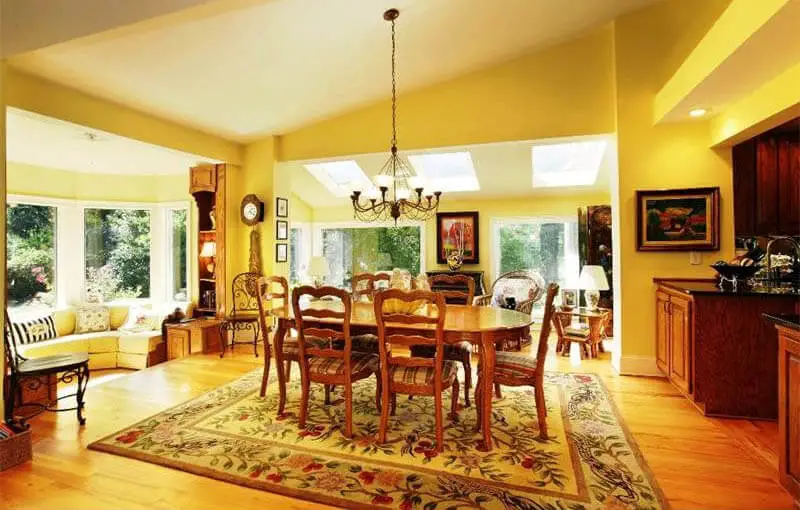 sunny yellow dining room design with wood floors